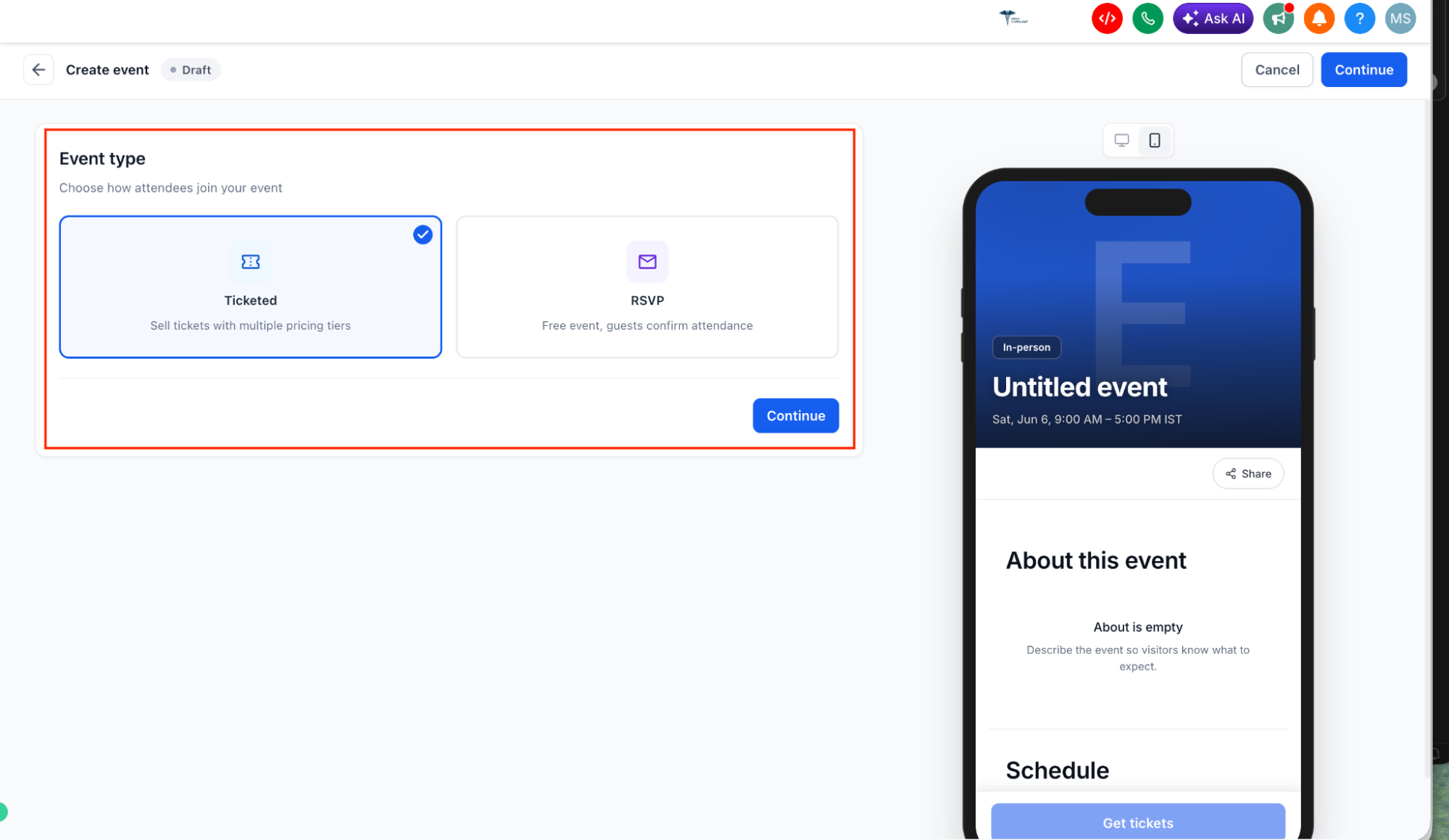 GoHighLevel event creation screen choosing between a ticketed event and an RSVP event