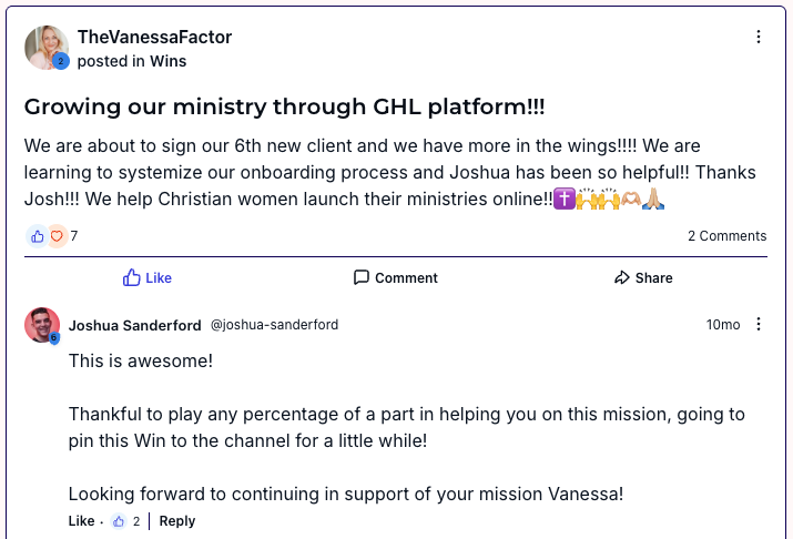 Community post: signing a sixth client and growing a ministry with GoHighLevel.