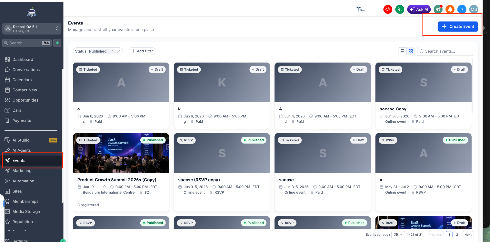 GoHighLevel events dashboard showing draft and published events in a grid