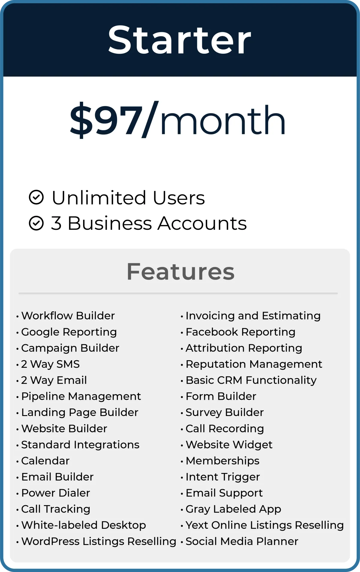 GoHighLevel Starter plan at $97 per month
