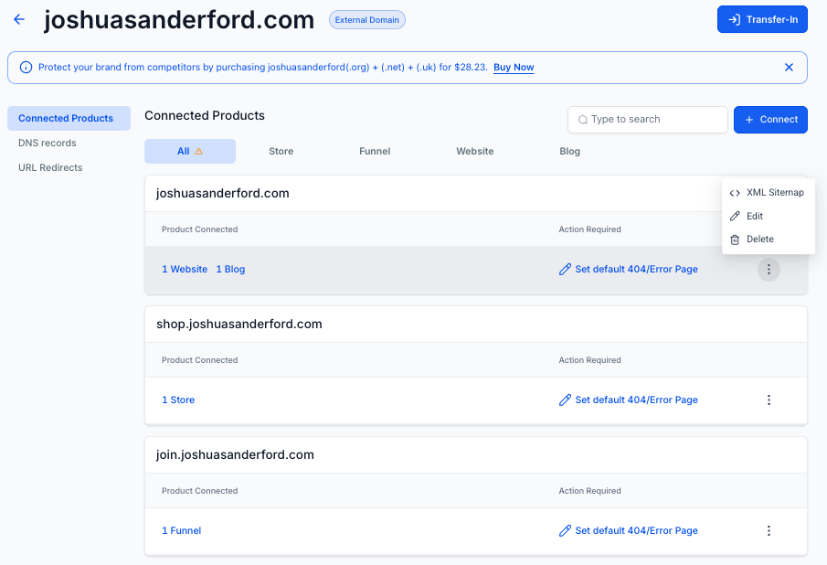 GoHighLevel Connected Products page for a domain with the three dot actions menu open showing the XML Sitemap option