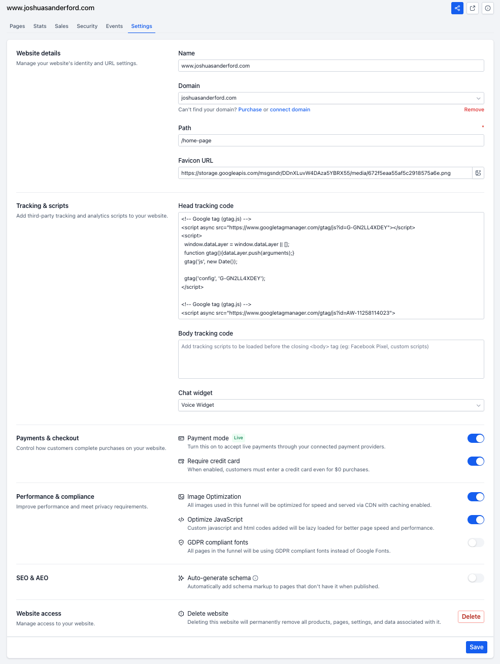 GoHighLevel website settings panel with the head tracking code field used to paste a Google Search Console verification meta tag