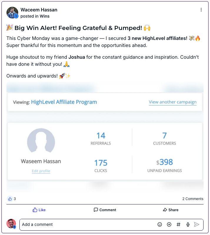 Affiliate dashboard showing three new HighLevel affiliates with referrals, clicks and unpaid earnings.