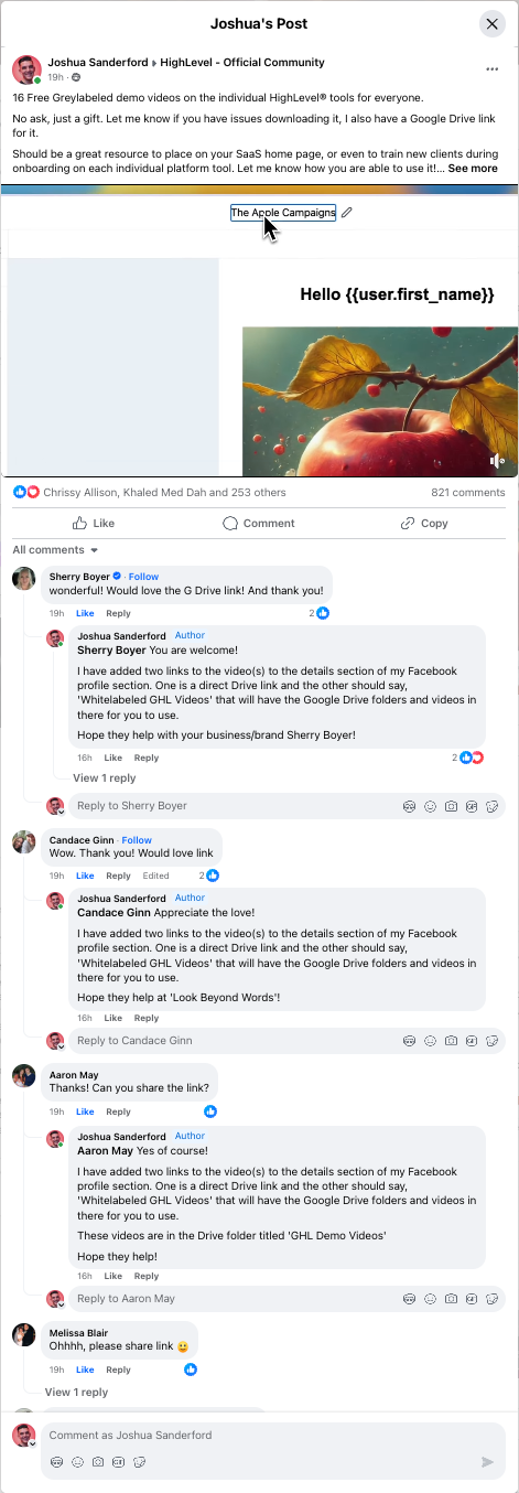 Joshua Sanderford's post in the HighLevel community Facebook group
