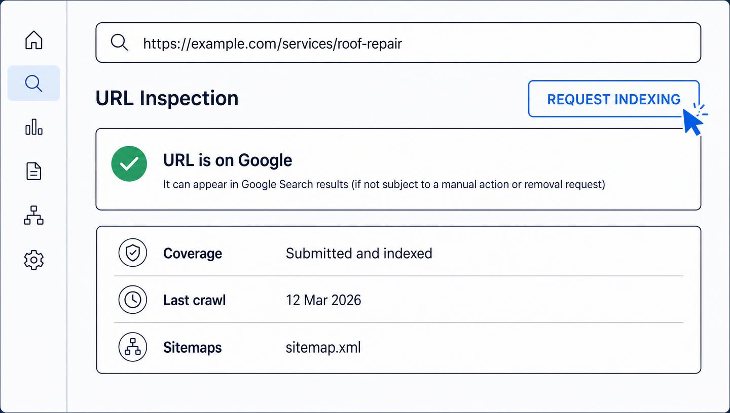 Search Console URL inspection screen with the Request Indexing button highlighted