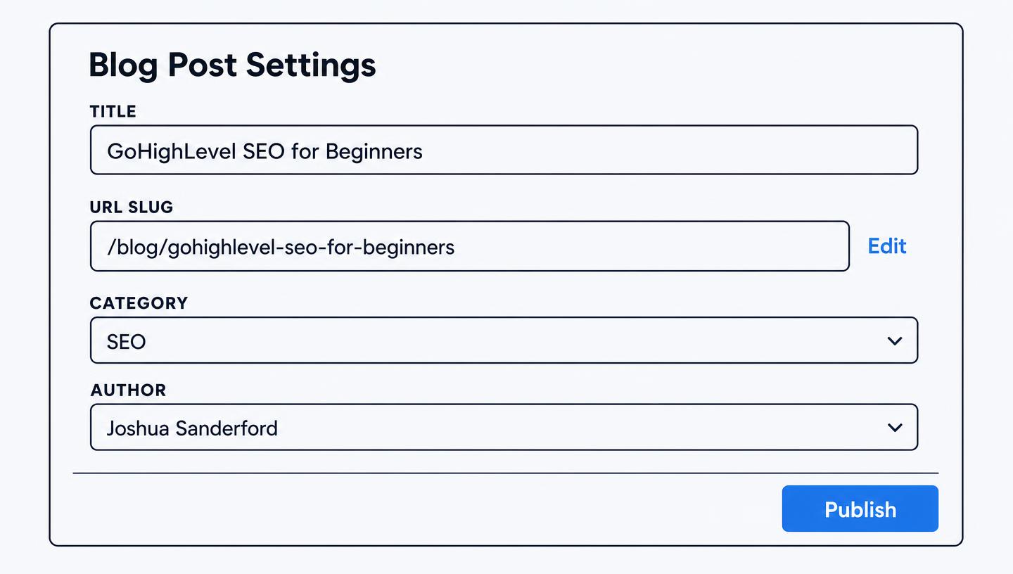 GoHighLevel blog post settings screen showing title, URL slug, category and author fields