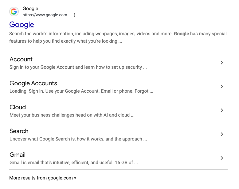 Google result for Google.com showing sitelinks to Account, Cloud, Search and Gmail