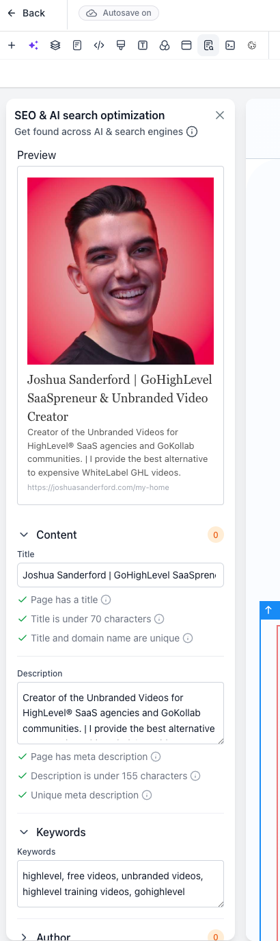 GoHighLevel SEO and AI search optimization panel showing the live search preview, page title with character checks, meta description and keywords fields
