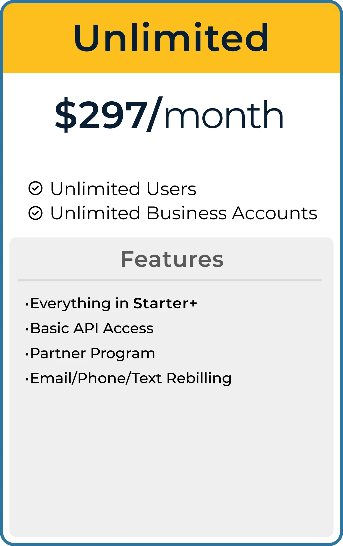 GoHighLevel Unlimited plan at $297 per month