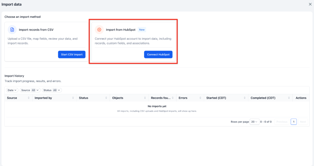 GoHighLevel Import Data screen showing the new Import from HubSpot option next to CSV import