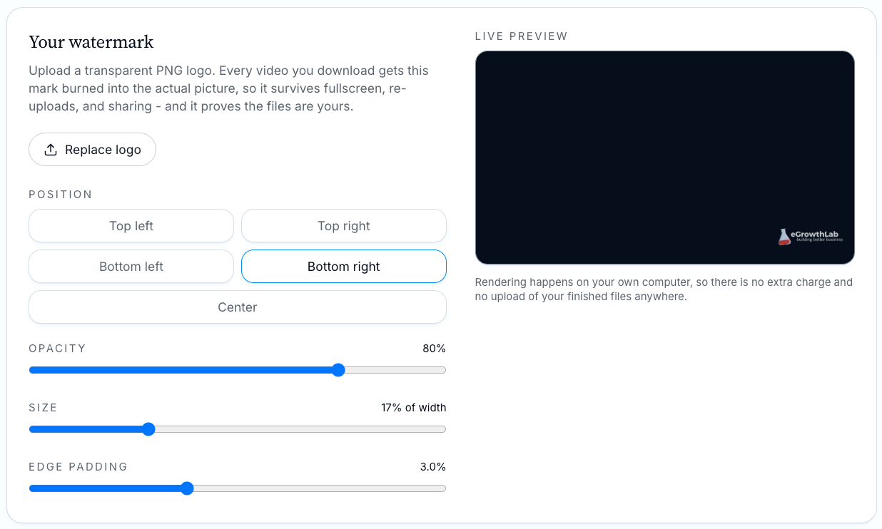 Branding studio showing logo upload, watermark position, opacity and size controls with a live preview