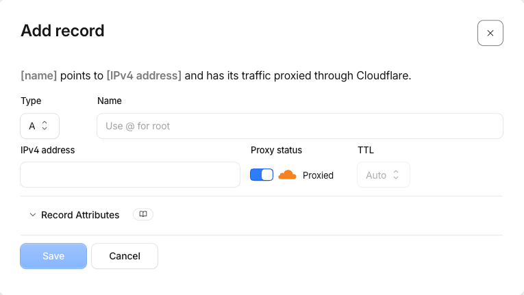 Cloudflare Add record dialog showing an A record with the proxy status toggle set for a GoHighLevel domain connection