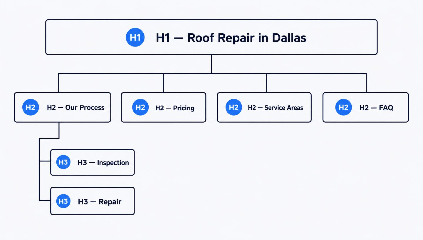 Heading outline of a service page with a single H1, four H2s and two H3s nested under one H2