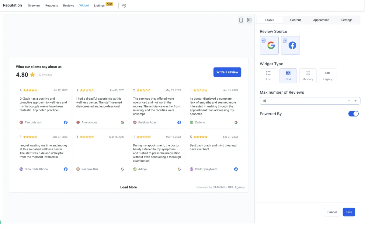 Review widget builder with layout and appearance settings