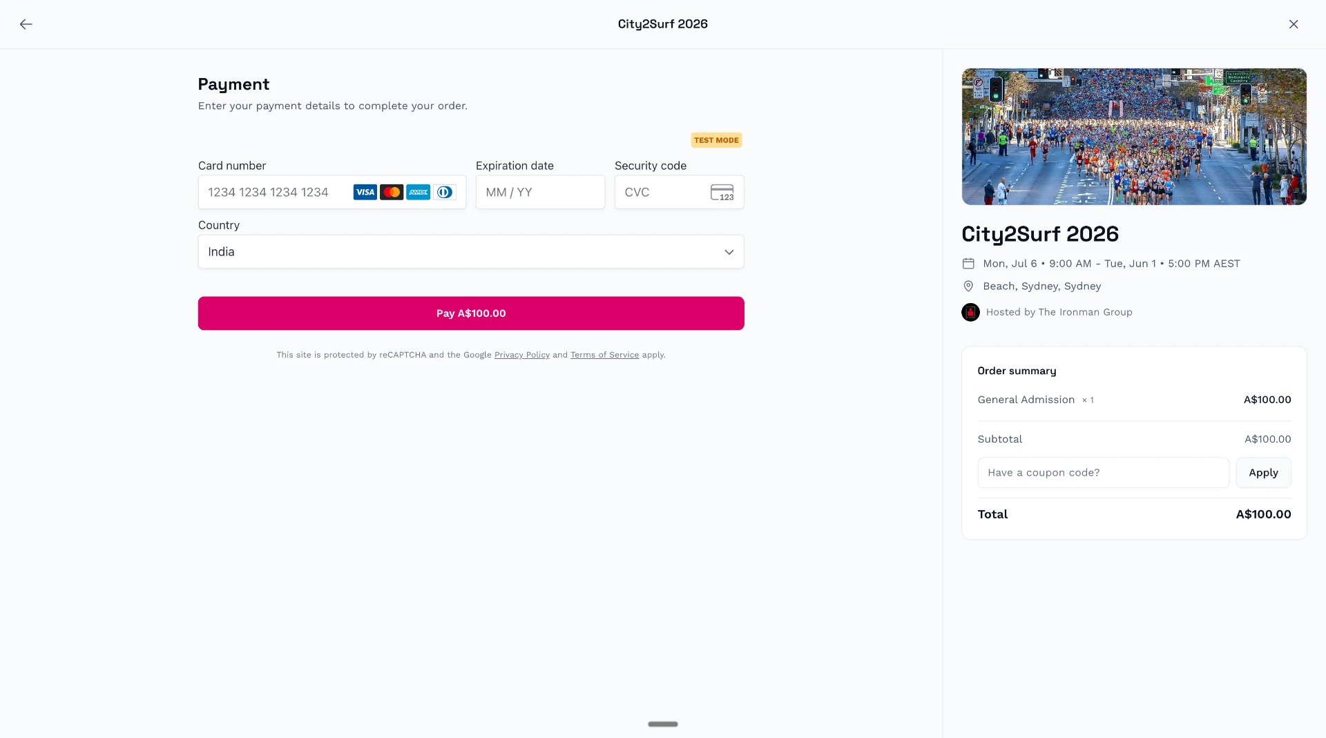 GoHighLevel event checkout page with a payment form for a $100 ticket