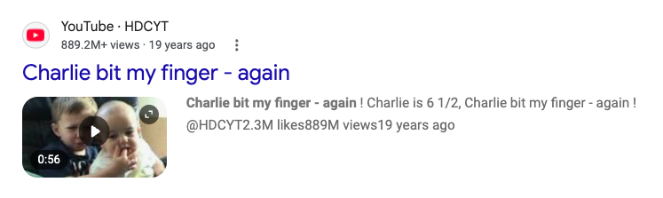 Google result for a YouTube video showing a thumbnail, duration badge and view count