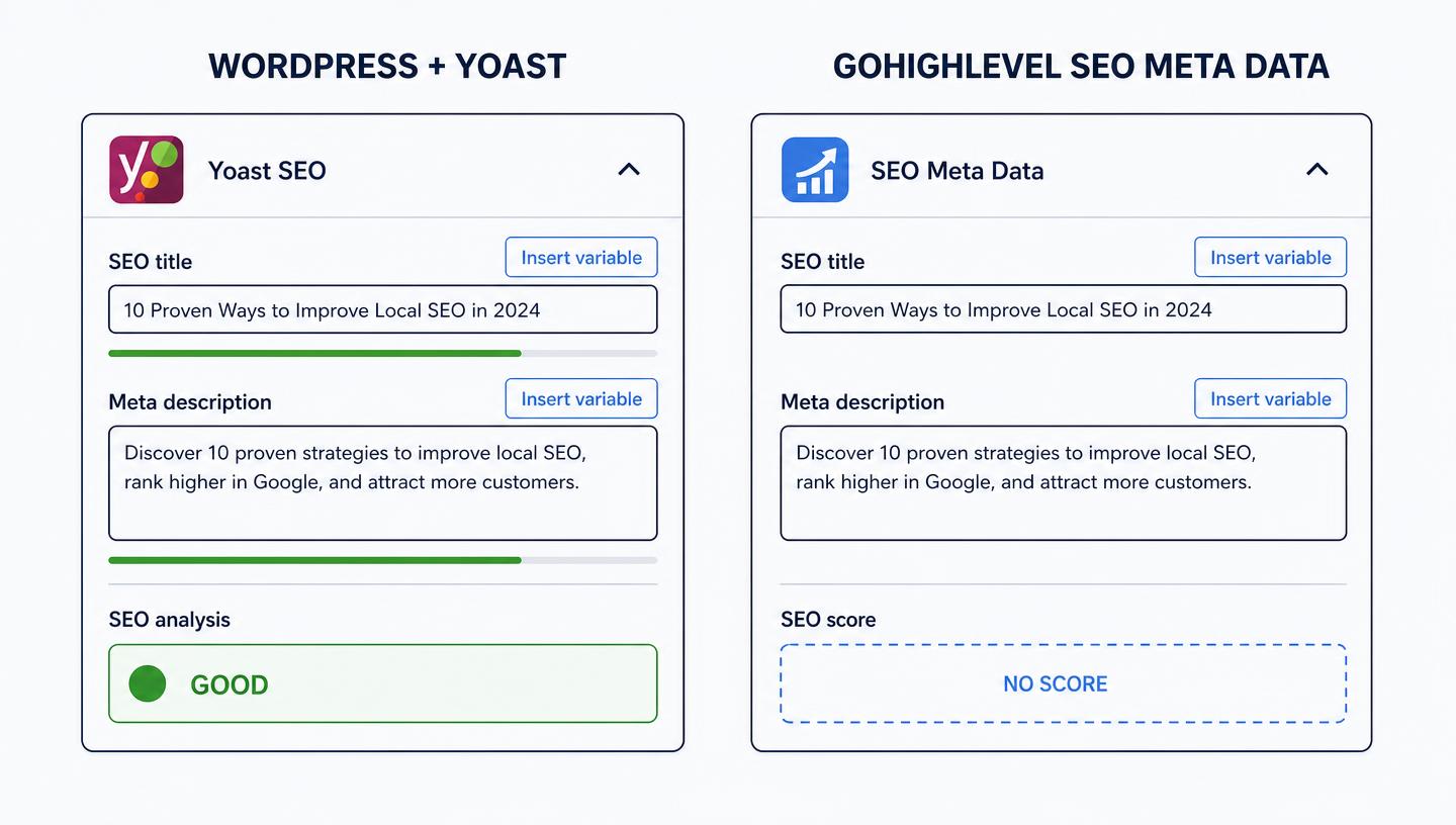 WordPress Yoast sidebar with a traffic-light SEO score next to the GoHighLevel SEO Meta Data panel, which has no score indicator