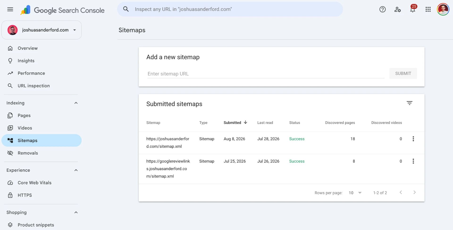 Google Search Console Sitemaps report showing submitted sitemaps with Success status and discovered page counts