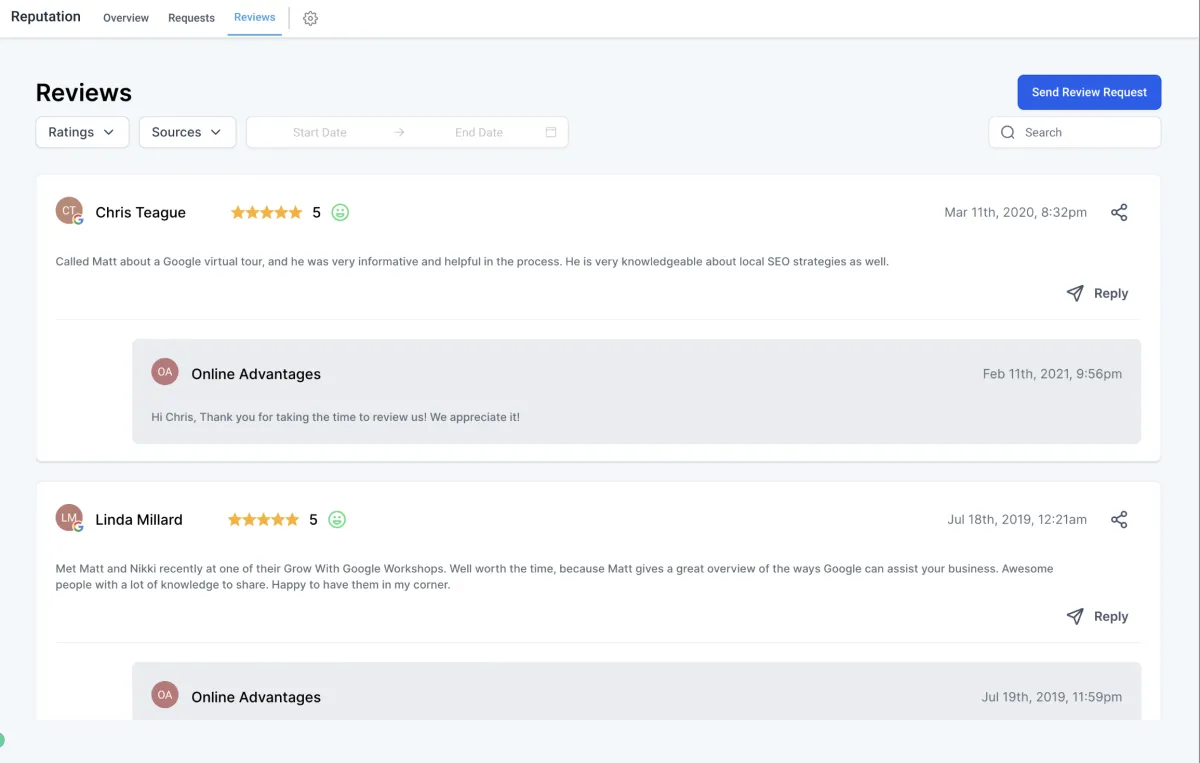 Review inbox with star ratings and replies