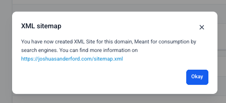 GoHighLevel confirmation that the XML sitemap has been created, showing the sitemap.xml URL for the domain