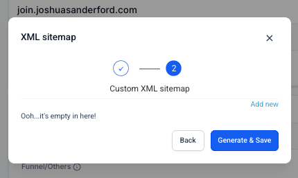 GoHighLevel custom XML sitemap step showing an empty state with the Generate and Save button