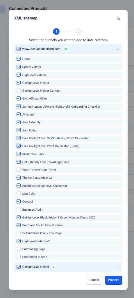 GoHighLevel XML sitemap builder listing website and funnel pages with checkboxes for choosing which URLs to include