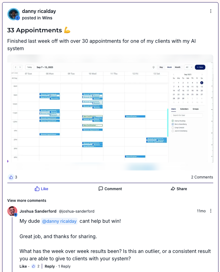 Community post: 33 appointments booked in one week for a client using an AI system built in GoHighLevel.
