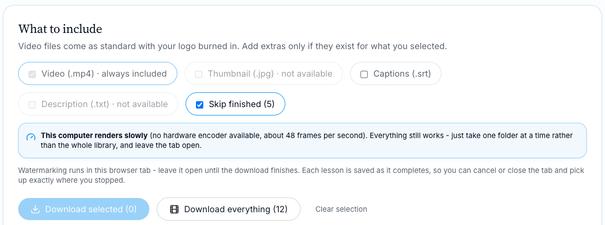 Download options panel with video, thumbnail, captions and skip finished toggles