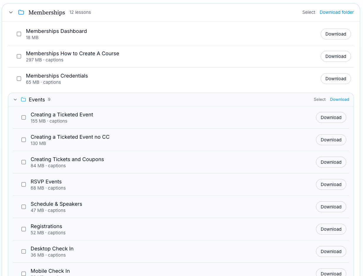 Library folder list with lessons grouped by folder and download buttons on each lesson
