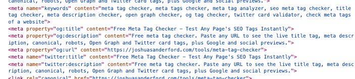 HTML source of the Meta Tag Checker page showing meta keywords, og:title, og:description, og:url, twitter:title, twitter:description and canonical tags