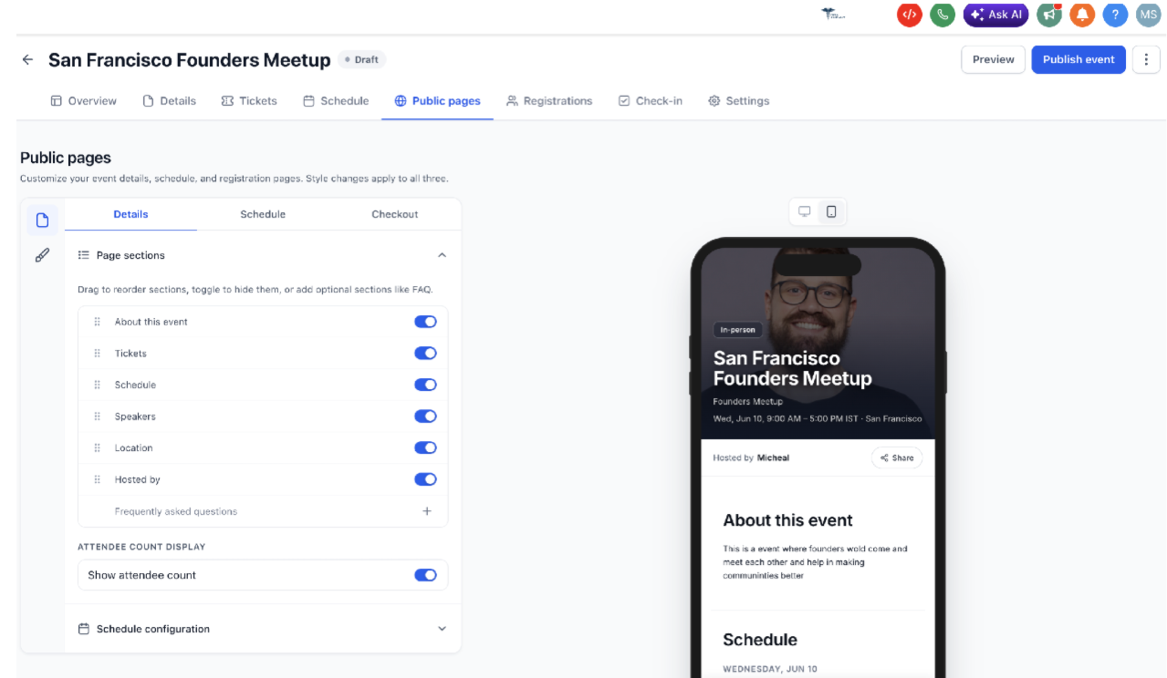 GoHighLevel event page editor showing schedule, description and attendee count settings