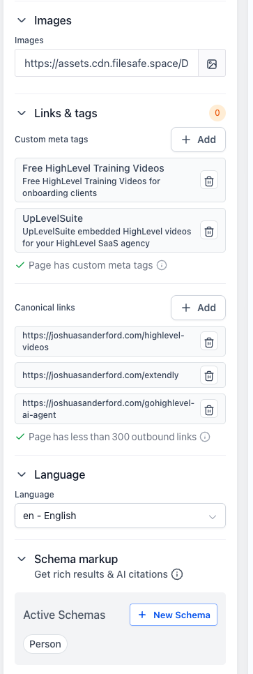 GoHighLevel page SEO panel showing the images field, custom meta tags, canonical links, language selector and the active schema markup section